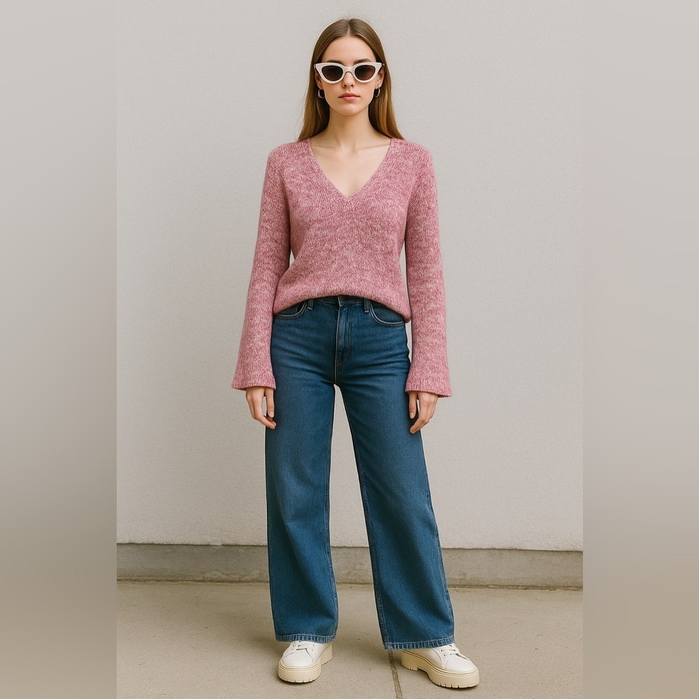 J Crew Flared Sleeve Marled Knit Swing Sweater Womens Sz XS Primrose Pink Vneck